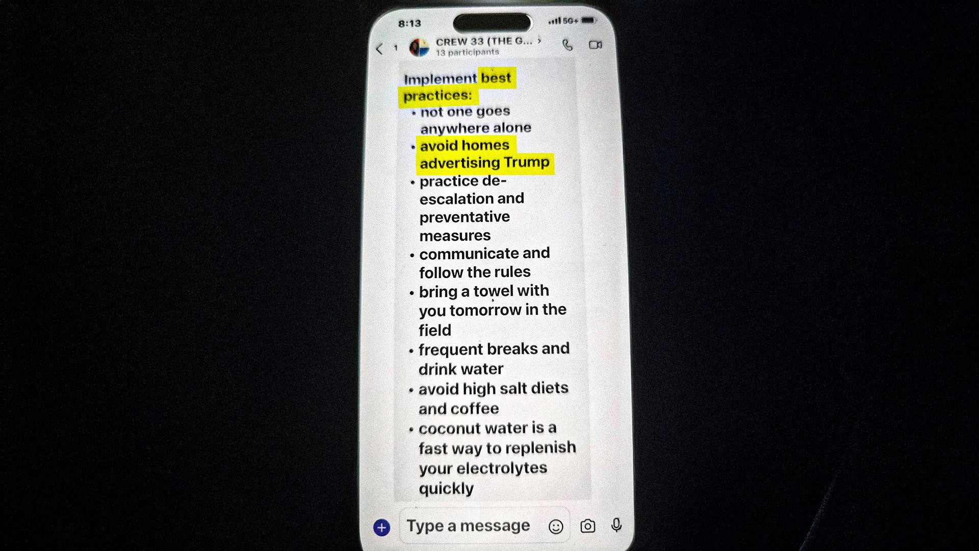 Smartphone displaying a group chat with highlighted text about best practices, including avoiding certain homes, safety measures, and hydration tips.