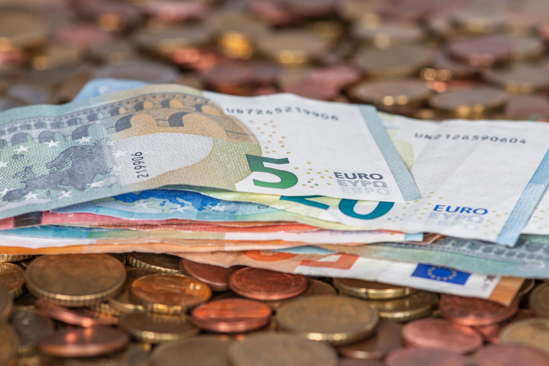 euro banknotes and coins on surface