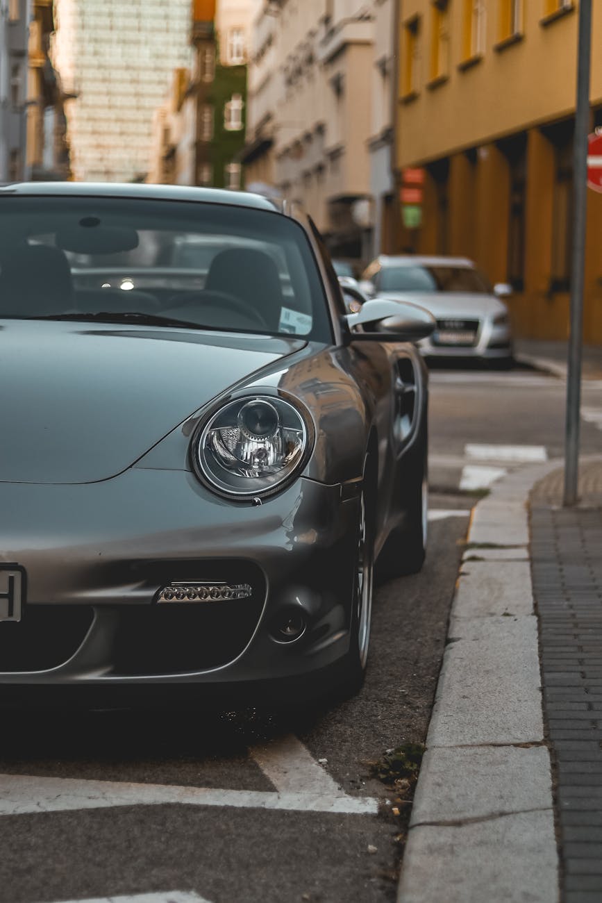 sleek silver porsche parked in bratislava